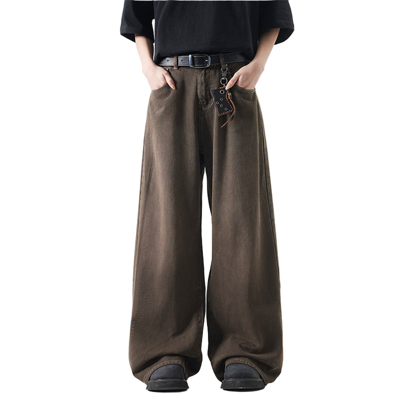 Brown wide-leg pants worn by a person on a white background