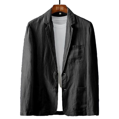 Dark gray jacket over a white shirt on a dark gray background