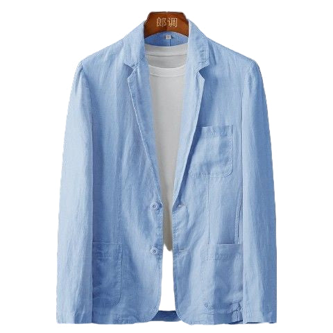 Light blue jacket on a hanger against a dark background