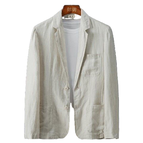 Light-colored blazer over a white shirt on a dark gray background