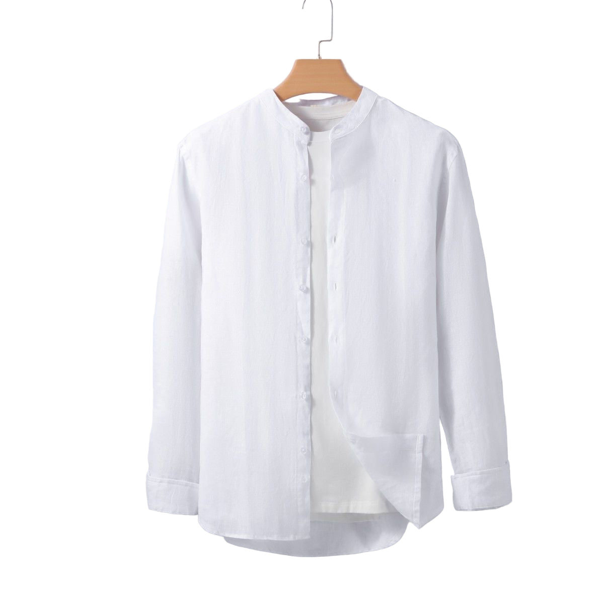 White shirt on a wooden hanger against a light gray background