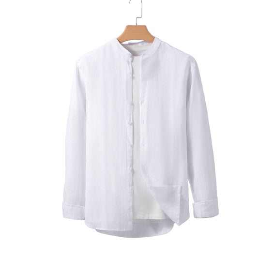 White shirt on a wooden hanger against a light gray background